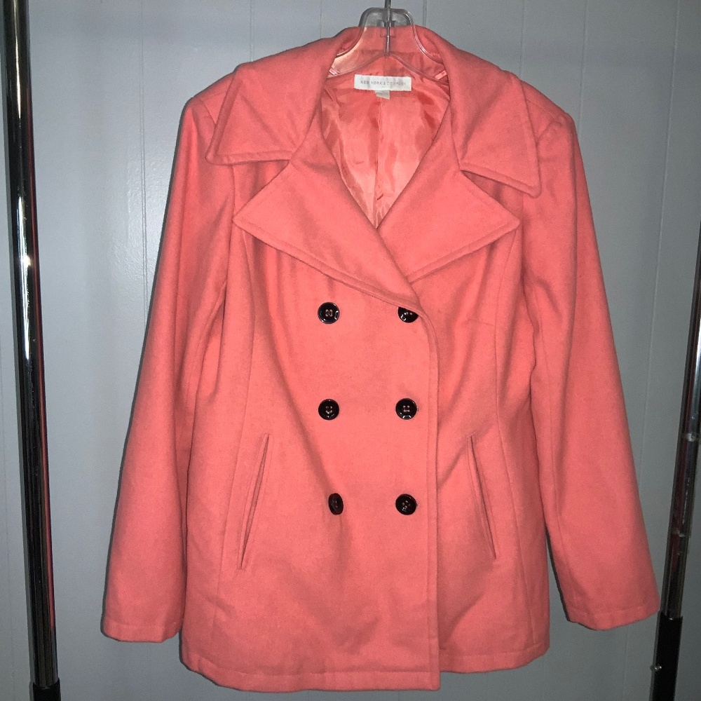 New York & Company Coral Wool Blend Peacoat Sz L notch collar double breast